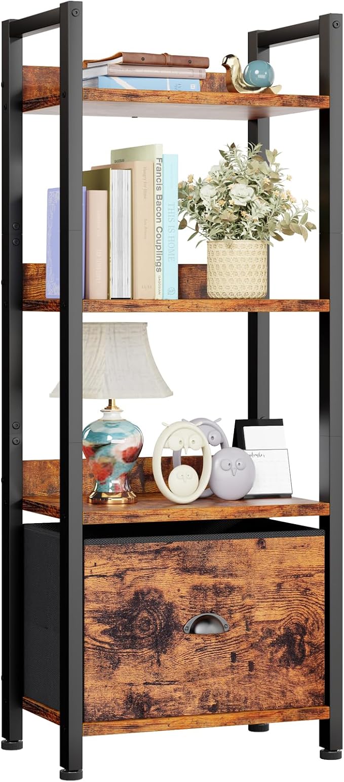 Furologee 4 Tier Bookshelf with Drawer, Tall Bookcase with Shelves, Narrow Bookshelves Storage Organizer, Wood and Metal Display Standing Shelf Unit for Bedroom, Living Room, Rustic Brown