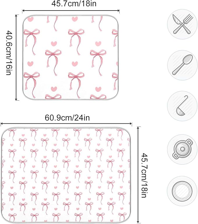Pink Ribbon Bow Dish Drying Mat Quick Absorbent 18x24 Cute Bow Tie White Kitchen Drying Mat for Countertop Sink Reusable Dishes Mats Kitchen Essentials