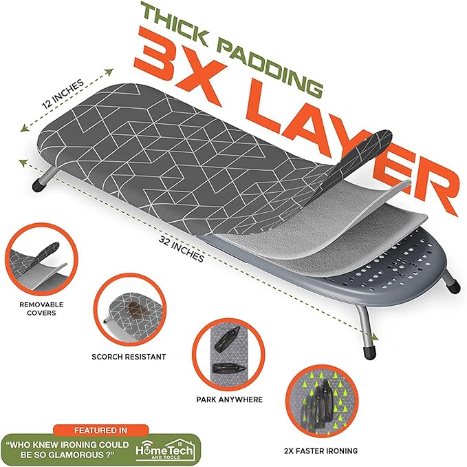 XABITAT Table Top Ironing Board with Wall Mount, D-Crease, Portable Space Saving Mini Laundry Room Iron Board, Foldable Small Ironing Board with Iron Holder, Green