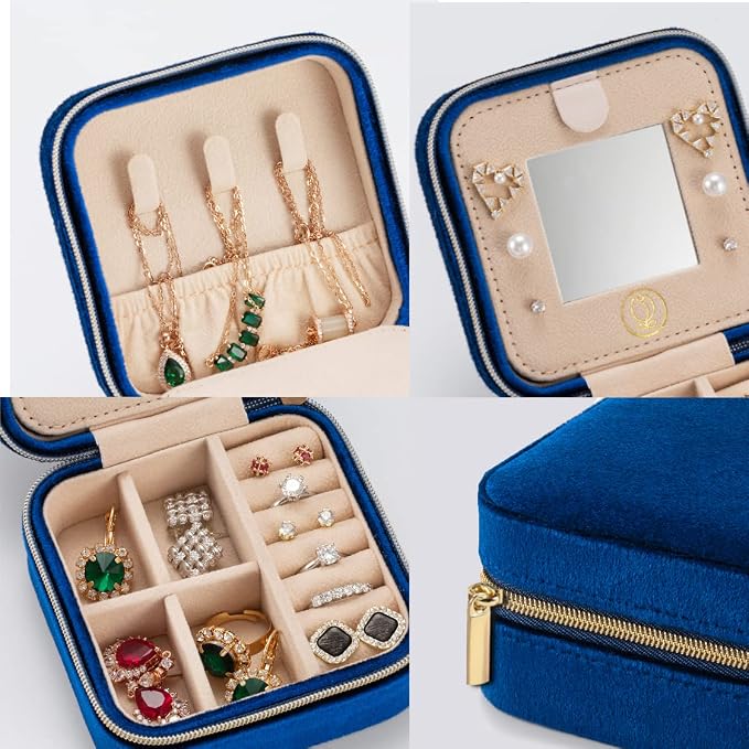 ZPROW Plush Velvet Travel Jewelry Case, Travel Jewelry Organizer, Jewelry Travel Case, Travel Jewelry Box, Small Jewelry Case, Jewelry Travel Box, Earring Organizer with Mirror - NavyBlue 4packs