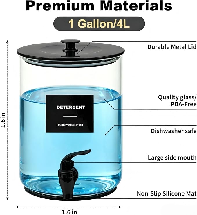 Glass Laundry Detergent Dispenser,1 Gallon Large Liquid Soap 1Pack(Black) | Complete borosilicate jars set with leakproof spigots, protective silicone mats, minimalist labels, and dosing cups.