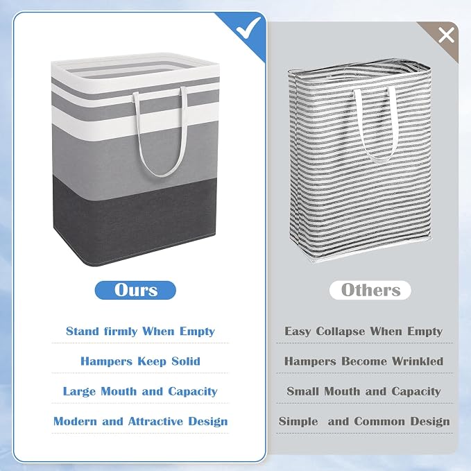 BlissTotes 3-Pack Laundry Basket, Collapsible Laundry Hamper, Grey, 125L | Laundry Clothes Hamper, Hampers for Bedroom, Freestanding Hamper with Handles, Clothes Laundry Basket