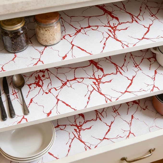 Red Marble Pattern Shelf Liner, Non-Adhesive Non-Slip Thickened Drawer Liner, Easy to Clean Contact Paper for Kitchen Cabinets, Tool Box, Refrigerator, Includes Knife & Tape Measure.17.3×236.22inch