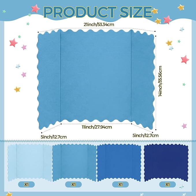 Mooliwe 4 Pack 21" x 14" Trifold Poster Board Gradient Blue Corrugated Scalloped 3 Fold Small Display Boards Foldable Business Paper Board for Presentation Science Fairs Event School Projects