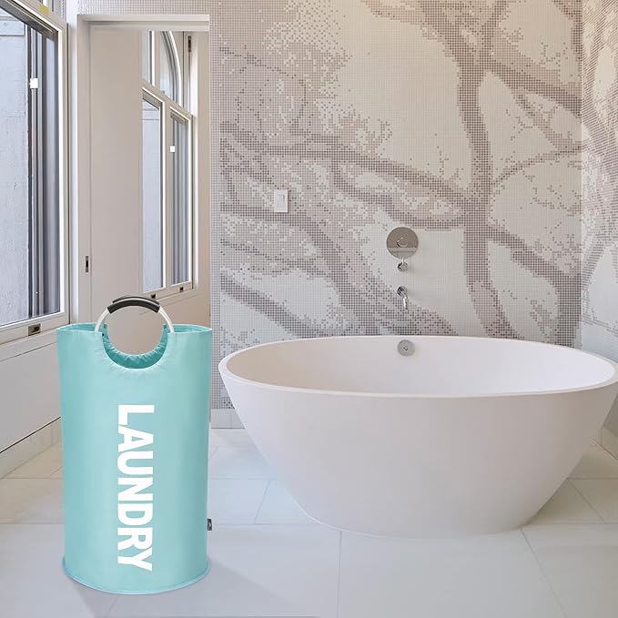 DOKEHOM 90L Large Laundry Basket Bag, Collapsible Tall Hamper, Light Blue | Freestanding tall washing bin & foldable laundry bag. High-capacity clothes storage basket with durable sturdy handles