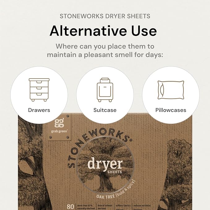 Grab Green Stoneworks Dryer Sheets, 160 Count, Fragrance Free, Compostable | Softens fabrics; Reduces Static; Cruelty-free; Plant & Mineral Based; No Harsh Chemicals