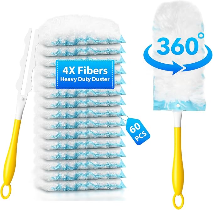 60 Count Larger Size Duster Refills for Swiffer Dusters with 1 Handle | Multi-Surface Feather Microfiber Duster Disposable Alternative, Heavy Duty Cleaning Kit for Home, Furniture, Blinds and Vent
