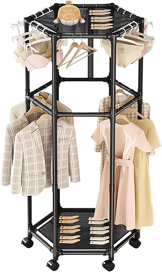 Clothes Rack with Wheels, Hexagonal Rolling Clothing Rack for Hanging Clothes, Clothes Drying Rack, Freestanding Garment Rack for Balcony, Living Room,Black,2 Tiers