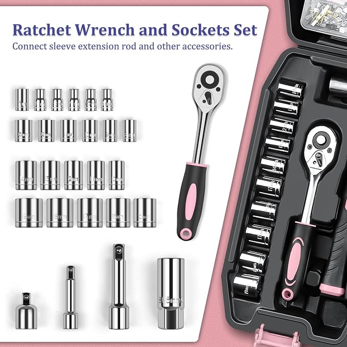 Sundpey 281 Pcs Home Tool Kit Portable Complete General Hand Tool Set Pink | with Socket Wrench Set & Screwdrivers & Hex Keys & Pliers Set,Women Toolbox Set for Household Car House Garage Apartment Dorm