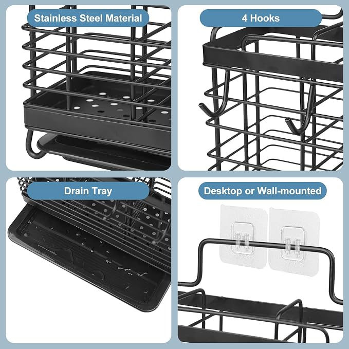 Utensil Holder, Stainless Steel Utensil Drying Rack with Drain Tray, Kitchen Counter Drainer Basket Silverware Cutlery Flatware Holder Forks, Knives, Spoons, Chopsticks Organizer (Black)