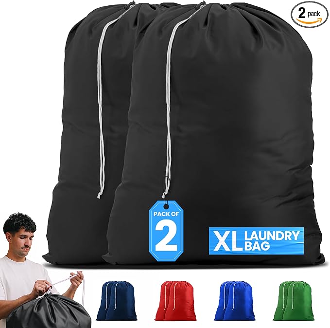 Handy Laundry Nylon XL - Large Capacity with Locking Drawstring, Machine Washable, Fits Laundry Baskets or Hampers, Holds 3 Loads of Clothes - Black (Pack of 2)