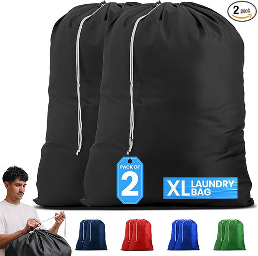 Handy Laundry Nylon XL - Large Capacity with Locking Drawstring, Machine Washable, Fits Laundry Baskets or Hampers, Holds 3 Loads of Clothes - Black (Pack of 2)