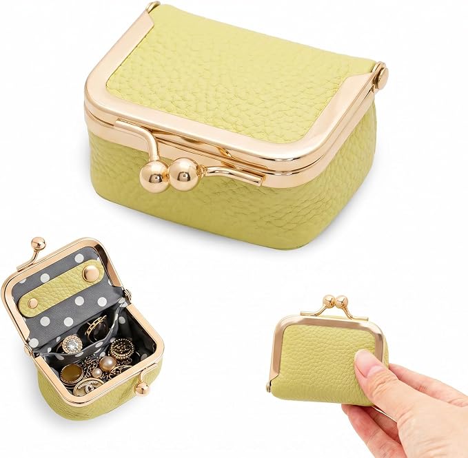 Genuine Leather Mini Jewelry Box Portable Vintage-Inspired Leather Small Coin Purse Jewelry Organizer Case Mini Travel Ring Box with Kiss Lock for Women Earring Ring Necklace