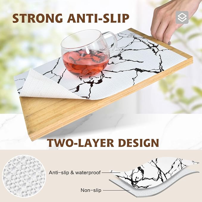 2-Layer Drawer and Shelf Liner for Kitchen Cabinet: 23.6in X 30Ft Non Slip | Waterproof Shelf Paper Non Adhesive Refrigerator Liners White/Black Marble Easy Liners for Bathroom with Knife Tape Measure