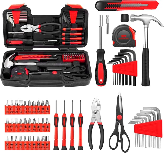 58-Piece Household Tool Set, Red Hand Kit With Storage Case | All Purpose Hand Tool Kit, Basic Home Tool Set, Plastic Storage Case, for Home Garage Office Dormitory, Basic Repairs, Women