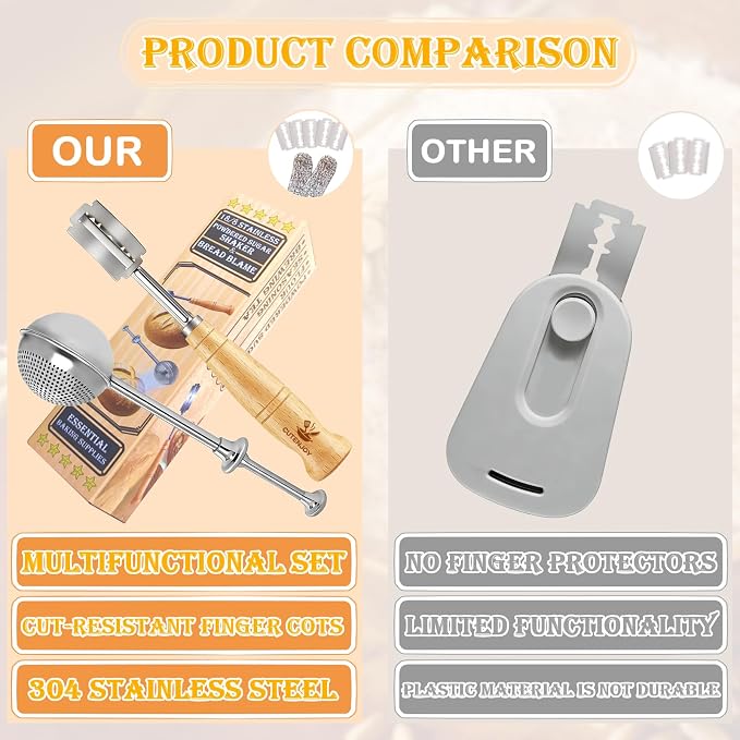 Bread Lame and Flour Duster, 304 Stainless Steel Sourdough Baking Tools with Razor Blades & Leather Cover, Professional Bread Scoring Knife for Baking