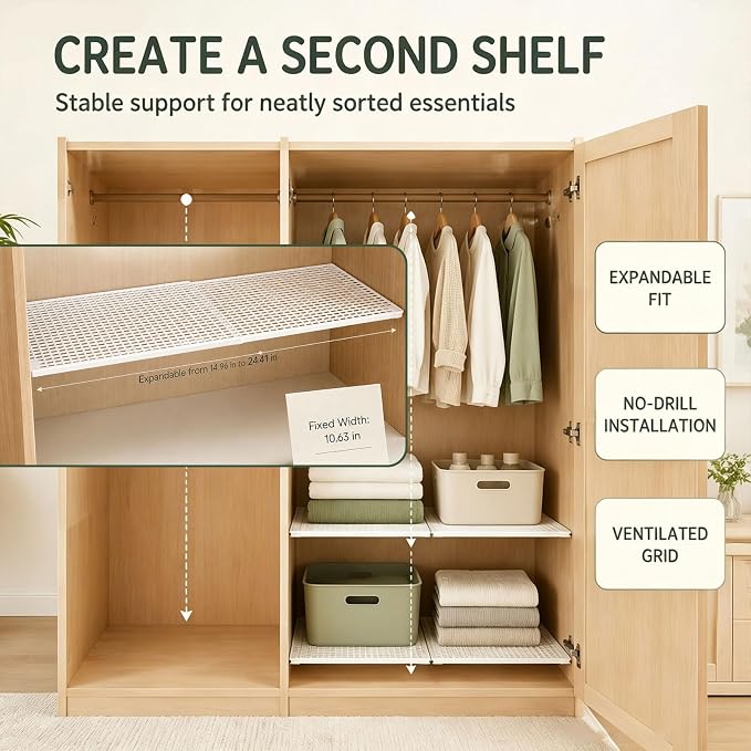 2 in 1 Expandable Floating Metal Cabinet Shelf, White, 1pc | Adjustable, 2 In 1, Stand or Float, For Kitchen Pantry, Closet, Wardrobe