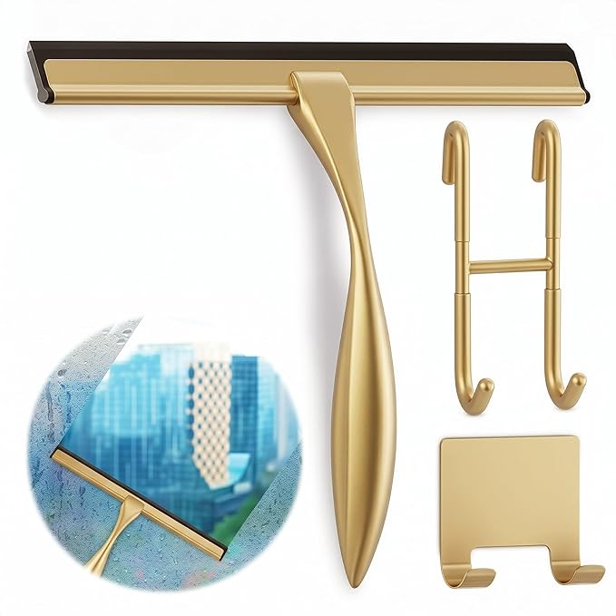 Shower Door Squeegee with Hook - 10" Silicone Blade, Stainless Steel Gold Squeegee for Shower Glass with Adhesive Mount - All-Purpose Bathroom Tile, Mirror, & Window Wiper for Streak-Free Cleaning