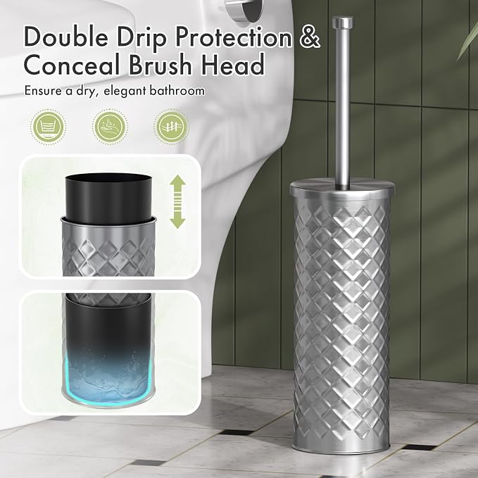 Toilet Bowl Brush and Holder Set 3 Pack with 6 Extra Brush Heads | Extra Long Handle with Splash Guard Cover, Tool-Free Installation, Bathroom Space-Saving, Cleaner Sets for Apartments, RV (Silvery)
