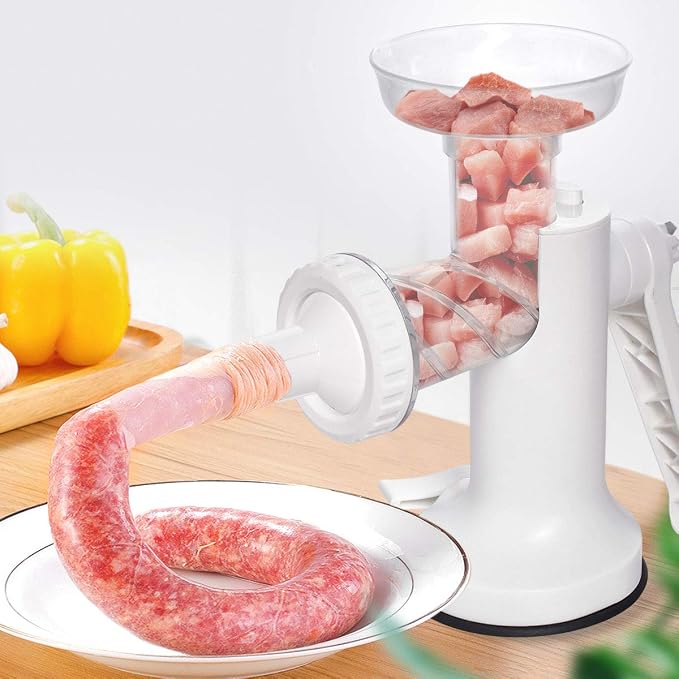 LHS Manual Meat Grinder, Heavy Duty Meat Mincer Sausage Stuffer,Hand Grinder with Stainless Steel Blades for Meat, Sausage, Cookies, Easy to Clean(3 in 1,White)
