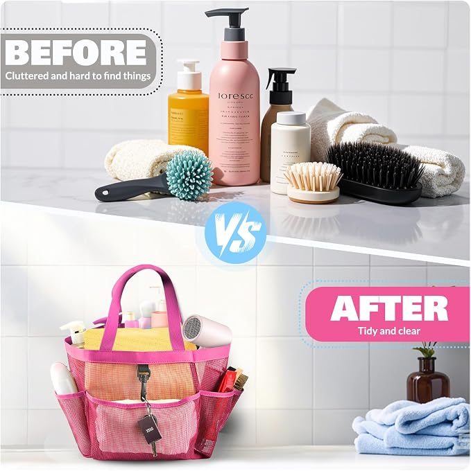 LOYEE Mesh Shower Caddy Portable for College Dorm Room Essentials with 8 Pockets, Shower Bag for Beach, Swimming, Gym, Travel, Bathroom(All rose pink)