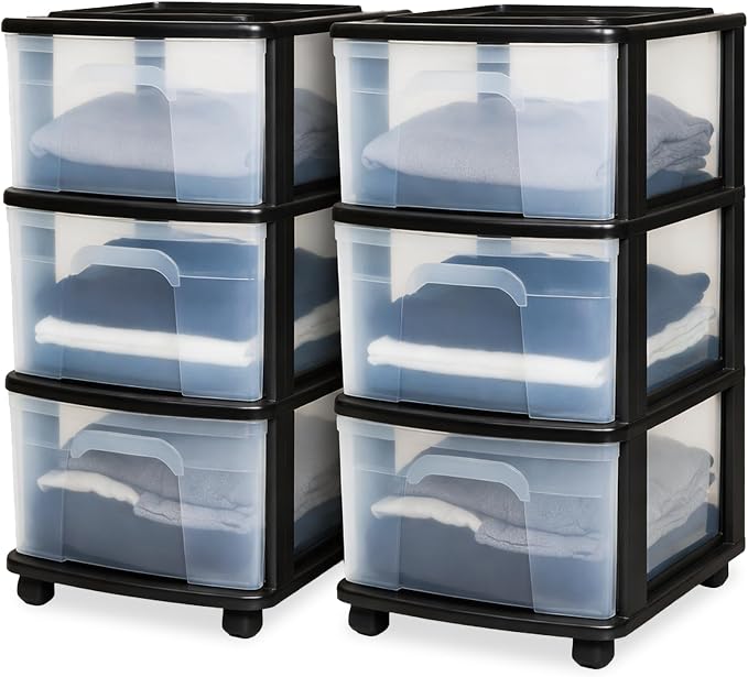 HOMZ 2-Pack Drawer Tower, 3-Tier Clear Plastic Storage Organizer Cart, Black Frame - Organizing Containers with Wheels for Home, Bathroom, Bedroom, Office, and Classroom | Plastic Organizer with Clear Bin Drawers for Bedrooms, Bathrooms, Home Offices, ...