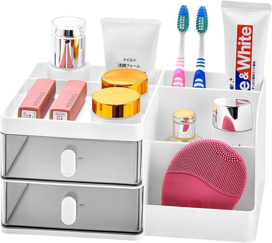VITVITI Toothbrush Holders for Bathrooms Countertop, 6 Slots Toothpaste Bathroom Counter Sink Organizer with Drawers, Plastic Bathroom Organizer for Vanity/Makeup/Office White