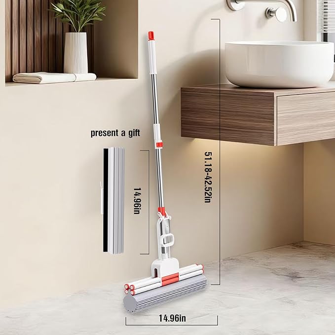 Sponge Mop 14.96-Inch PVA Mop Thickened Stainless Steel Mops for Floor Cleaning with an Extra Head Suitable for Tiles Floors Bathrooms and Home Use