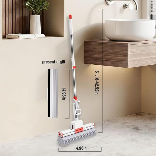 Sponge Mop 14.96-Inch PVA Mop Thickened Stainless Steel Mops for Floor Cleaning with an Extra Head Suitable for Tiles Floors Bathrooms and Home Use