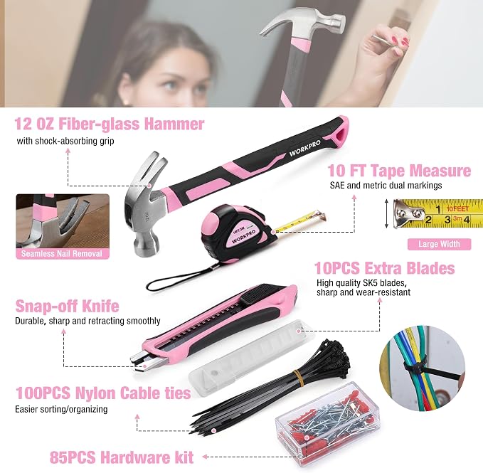 WORKPRO 284PCS Pink Tool Set, Portable Home Basic Tool Kit Box for Women | Household Case with Hammer, Ratchet Sockets, Pliers, Screwdrivers, Repairing Tool Kit, House-Warming, DIY - Pink Ribbon