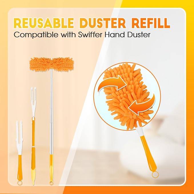 6Pcs Reusable Duster Refill Compatible with Swiffer Hand Duster +1 Handle, 360 Heavy Duty Duster Refills for Cleaning, Office, Ceiling Fan (6PCS+1Handle)