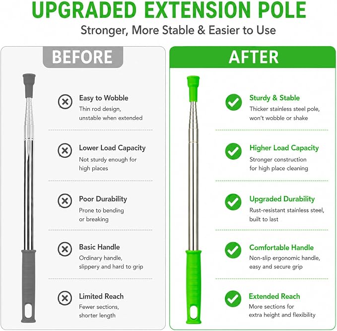 AZUN Microfiber Duster for Ceiling Fans, 30-100 in Telescoping Pole, Green | Microfiber traps dust. Long duster for high ceilings. Cleans ceiling fans, blinds and cobwebs. Washable and reusable.