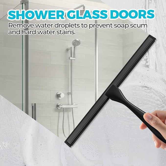 ALFLOD Shower Squeegee for Glass Doors, Tile Walls, Mirrors and Windshields | 10" black, bathroom accessories, window cleaner, new home essentials, silicone blade, metal handle, adhesive hook