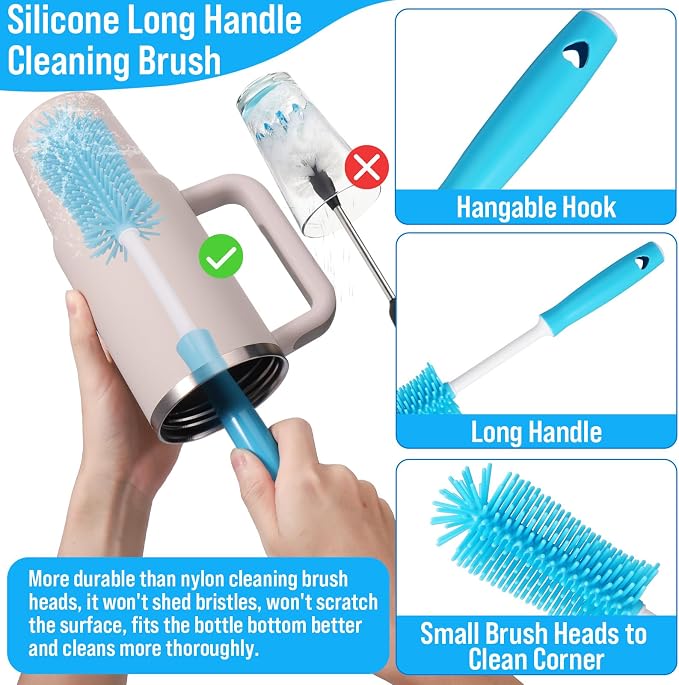 Water Bottle Cleaner Brush Set for Stanley Tumbler 40 oz/30 oz Cup | Multifunctional Bottle Brush and Long Silicone Straw Cleaner Brush,Cleaning Kit for Owala/Yeti Cup Accessories,4 Pcs