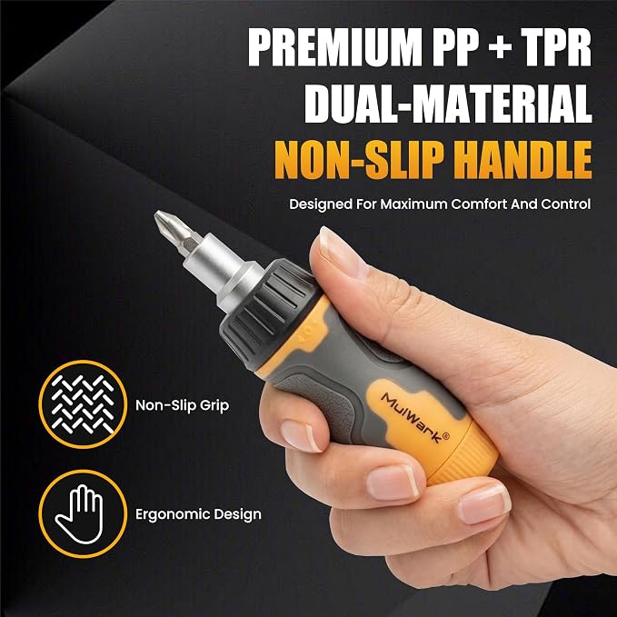 MulWark 7-in-1 Stubby Ratcheting Screwdriver, Small Screwdriver with Magnetic, Multi-bit Stubby Screw driver with S2 Steel Phillips Slotted Torx Bits in Handle, Compact Tool for Tight Spaces