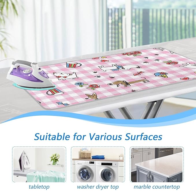 Cute Dog Pink Ironing Mat Portable Ironing Pad Blanket with Silicone Iron Rest for Table Top Travel Heat Resistant Double-Side Using Large 47x28 Inch Foldable