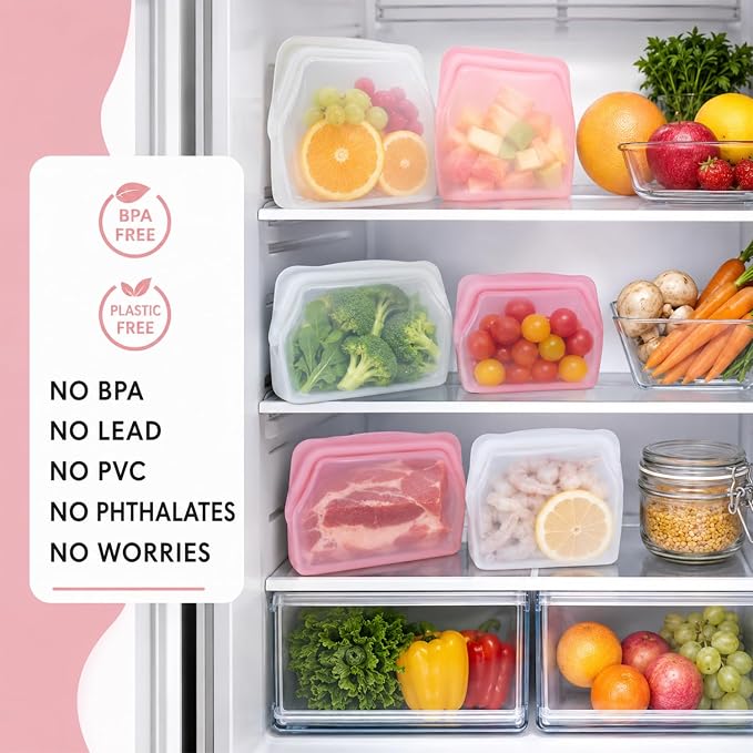 Everbag Silicone Storage, Everbag Food Storage Bags, Reusable Storage Bags, Leak-Proof Upright Freezer Bags (White+Pink)