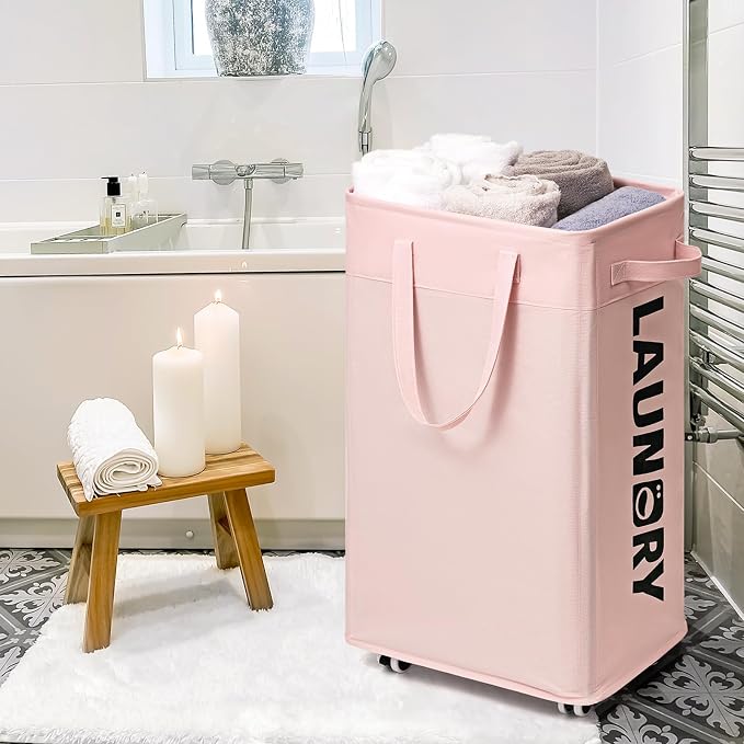 CHICVITA 75L Laundry Hamper with Wheels 2-Pack, Wash Bags, Pink | Collapsible rolling baskets with carry handles for corner dorm rooms. Removable wash bags, easy clean