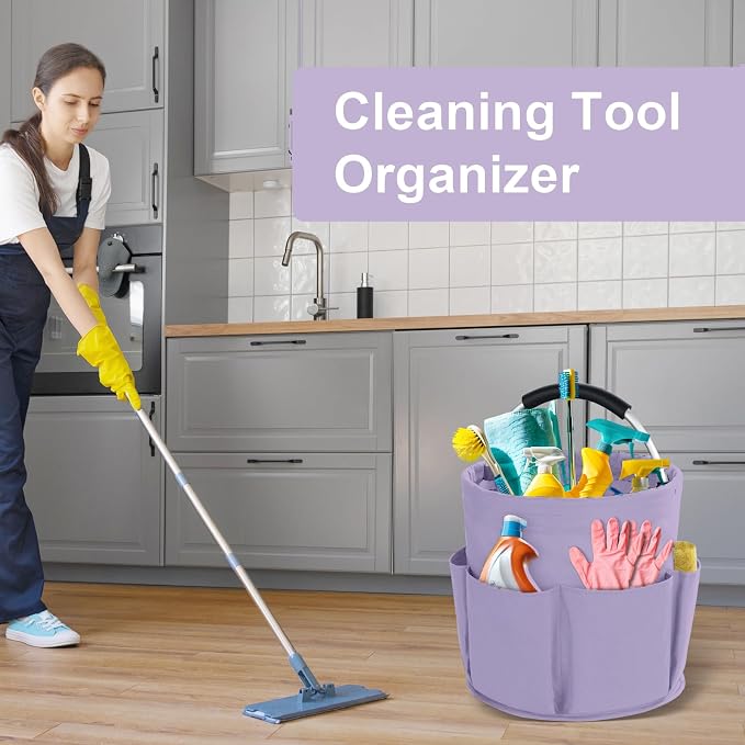 Cleaning Caddy with Handle, Cleaning Products Organiser, 17L Foldable Storage Basket, Cleaning Caddy Organiser, Portable Multi Cleaning Bucket Bag for Home, Garden (Purple)