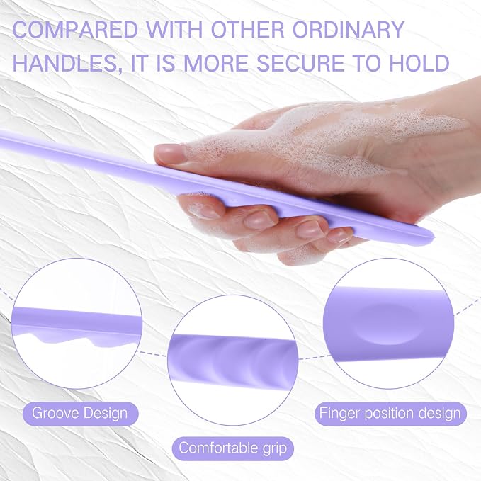 Sunnyray 2 Pack Silicone Back Scrubber for Shower with 15" Long Handle Double-Sided Bath Body Brush for Exfoliating Easy to Clean Quick Dry Deep Cleaning Lathers Well(Purple)