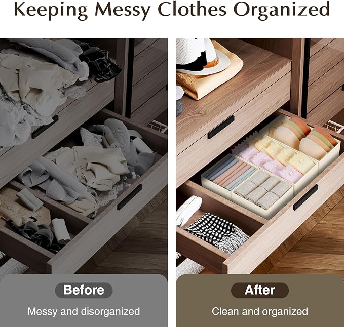 DIMJ Drawer Organiser System Drawer Organiser - Fabric Storage Box, Drawer Inserts for Wardrobes, Wardrobe Organiser for Clothes, Pack of 8, Beige Classic