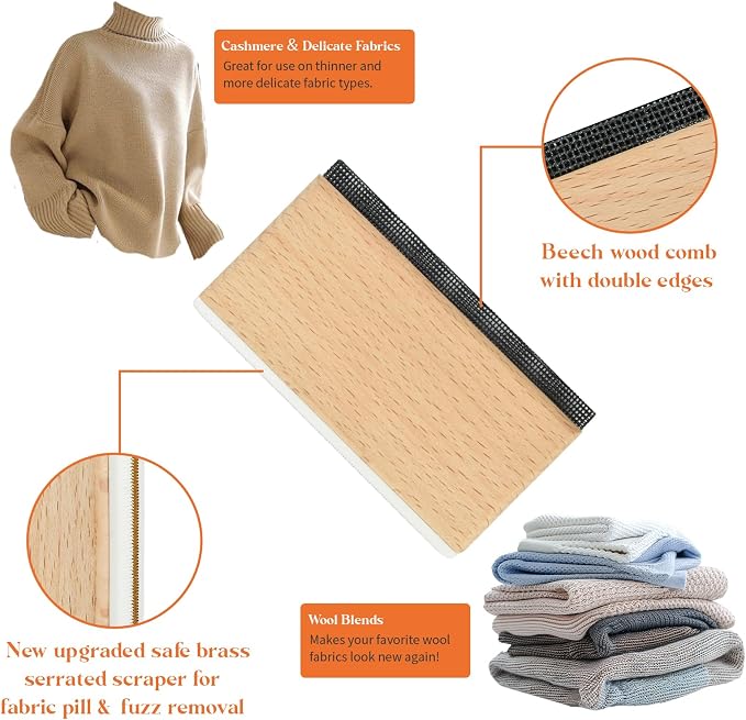 Cashmere Comb, Double Edge Sweater Pill Remover for Wool & Fabric 2 PCS | Beech Wood Sweater Shavers to Remove Pilling,Pilling Remover for Clothes, Fuzz Lint Remover for Cashmere & Home Textiles