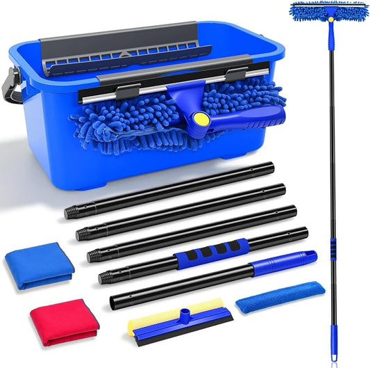 Window Cleaning Kit with Bucket 3 Gallon, 2-in1 Window Squeegee with 79" Long Handle, Professional Window Washing Equipment Cleaner Tool for Home Outdoor Commercial Use