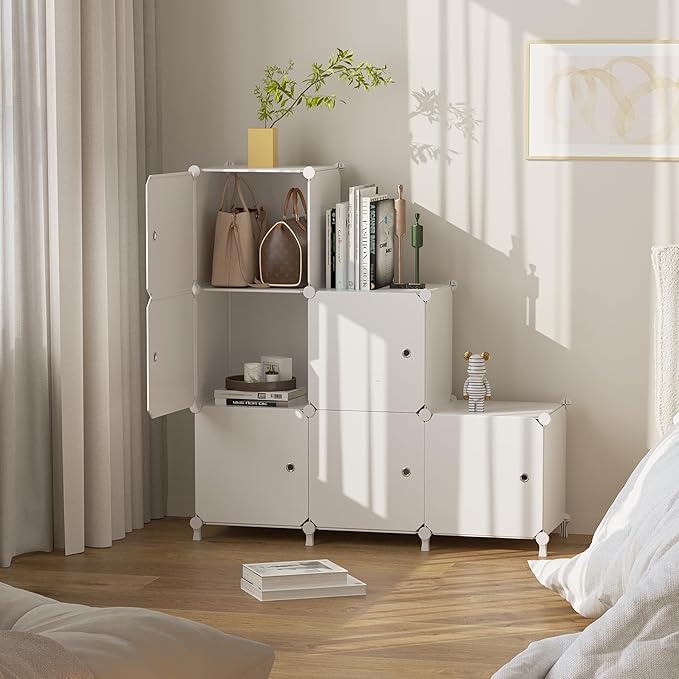 6Cube Storage Organizer Modular Stackable with Doors White | Sturdy plastic 6-cube cabinet with doors, 30x30x30cm per cube, tool-free snap assembly, ideal for bedroom, stairs, closet.