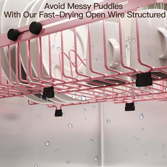 MAJALiS Pink Dish Drying Rack Over The Sink with Utensil Holder | Expandable Stainless Steel Dish Drainer for Small Kitchen, Apartment, RV, Counter Space Saving, Perfect Fit, Rustproof