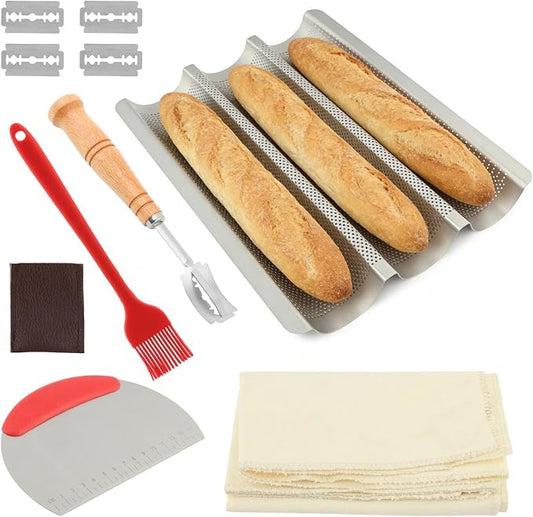 Baguette Bread Pan, Nonstick Baguette Pan for French Loaf Baking with Dough Scraper, Pastry Brush, Bread Lame, Replacement Blades, Banneton Cloth for Sourdough, Artisan Bake Baking