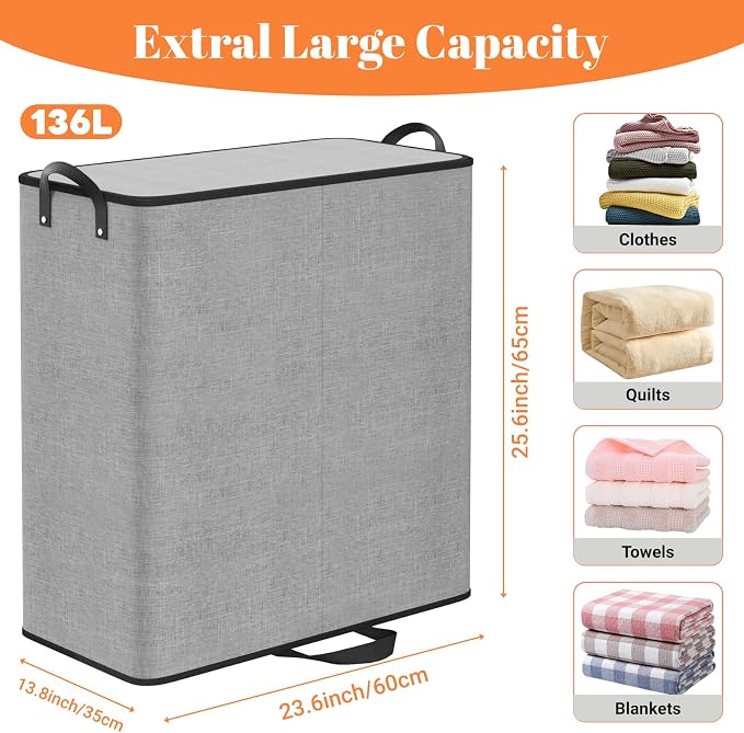 136L 2 Section Laundry Hamper with Lid, Laundry Basket, Gray | Large Laundry Hampers with Reinforced Handles & Removable Bags, Tall Dirty Clothes Hamper for Laundry Room, Bedroom, Bathroom
