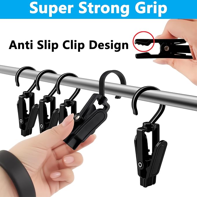 20 PCS Laundry Hooks with Clips Super Strong Plastic Home Travel Swivel Hanging Hanger Closet Organizer Clamps Socks Boot Bras Towels for Bathroom Wardrobe Kitchen Office - 4.3 Inches (Black)
