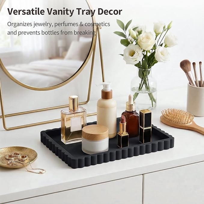 Silicone Bathroom Vanity Tray, Sink Caddy for Dish Soap Dispenser, Sponge Holder for Kitchen Sink, Rectangle Bathroom Countertop Organizer for Perfume, Jewelry, Candle (9.9” * 6”, Black)
