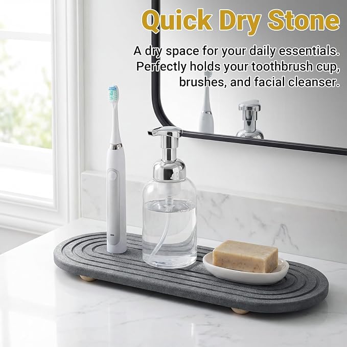 Instant Dry Stone Sink Tray, 11.8x3.9 Water Absorbing Diatomite Stone Tray for Sink with Wooden Feet, Sink Caddy Stone, Kitchen Sink Organizer (Dark Grey)